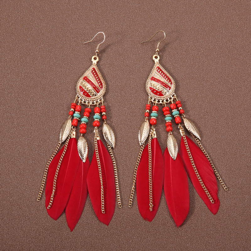 Bohemian Ethnic Style Retro Tassel Feather Earrings