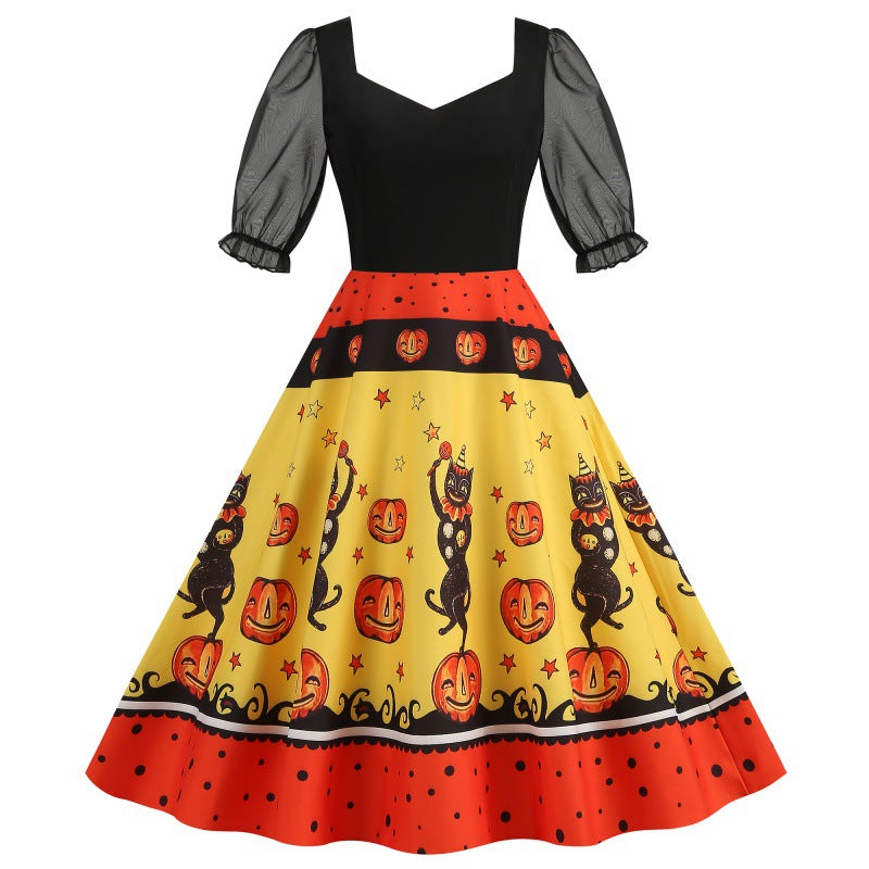 Halloween Party Mesh Sleeve Vintage Printed Dress