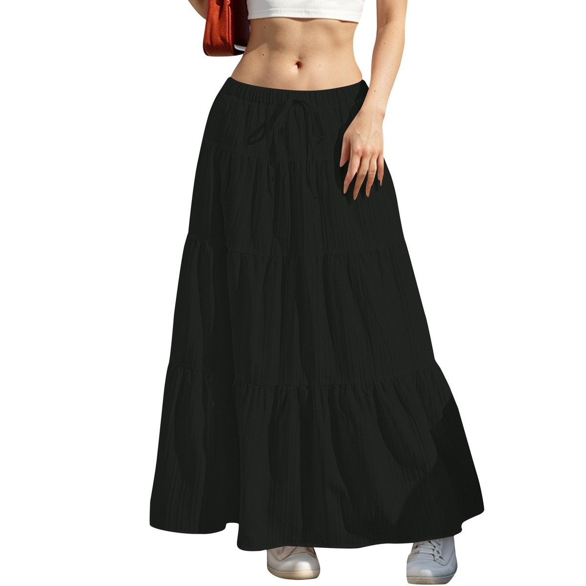 Women Casual Solid Color Drawstring Maxi Skirt with Splice Design