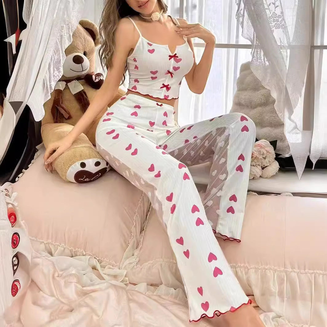Conjunto de pijama sexy con camisola estampada y pantalones empalmados para mujer