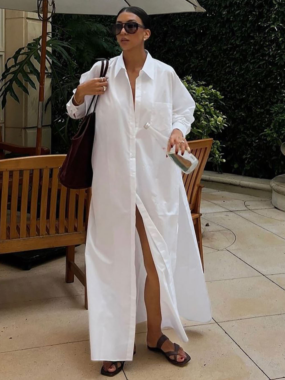 Vestido camisero informal de manga larga con solapa y abertura en color liso para mujer