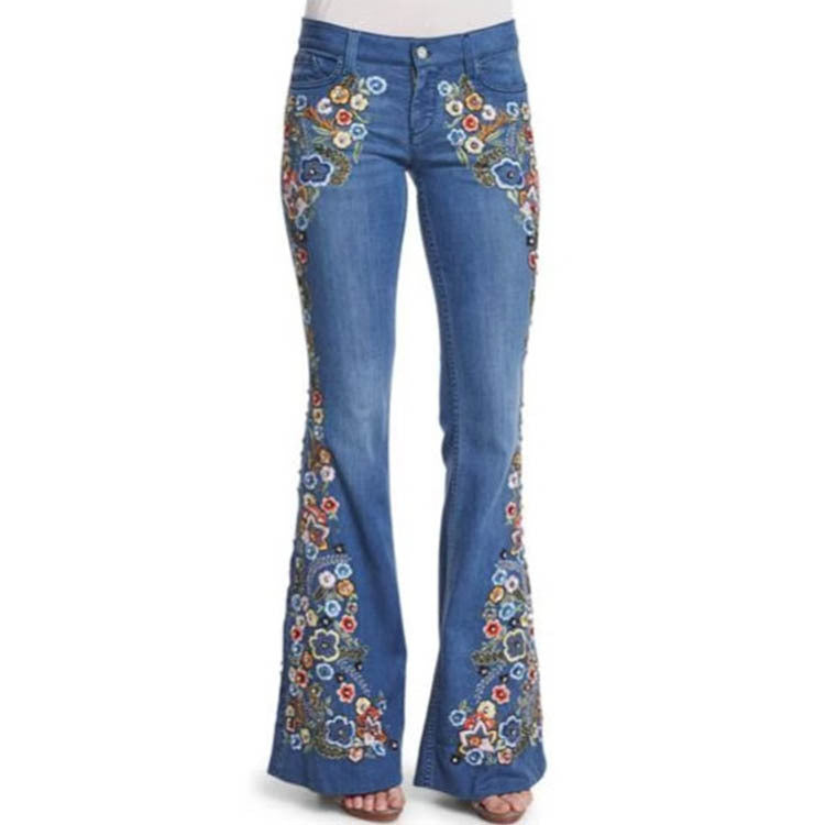 Women Fashion Retro Floral Embroidered Flared Jeans