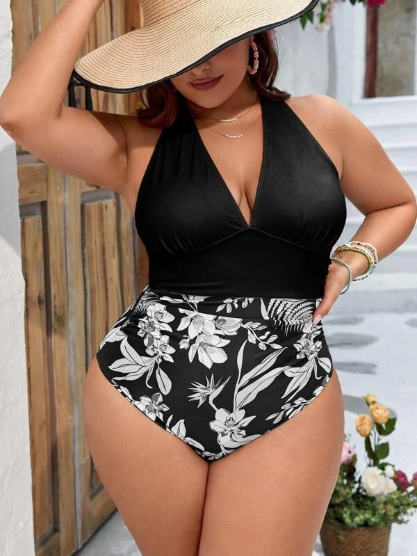 Women Fashion Plus Size Floral Printed One-Piece Swimwear