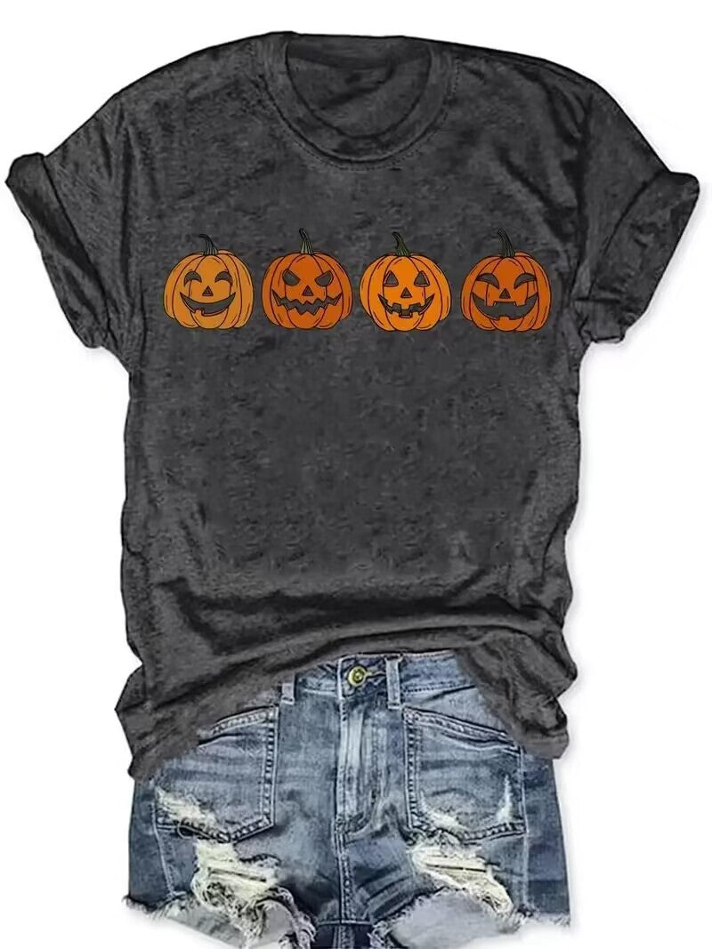 Camiseta de algodón con estampado de calabaza de Halloween para mujer