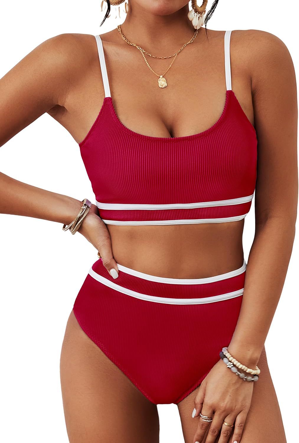 Women Fashion Sexy Contrast Color Stripe Bikini Swimsuit