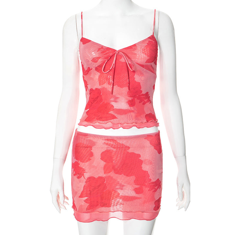 Women Fashion Sexy Floral Printed Camisole and Skirt Two-Piece Set