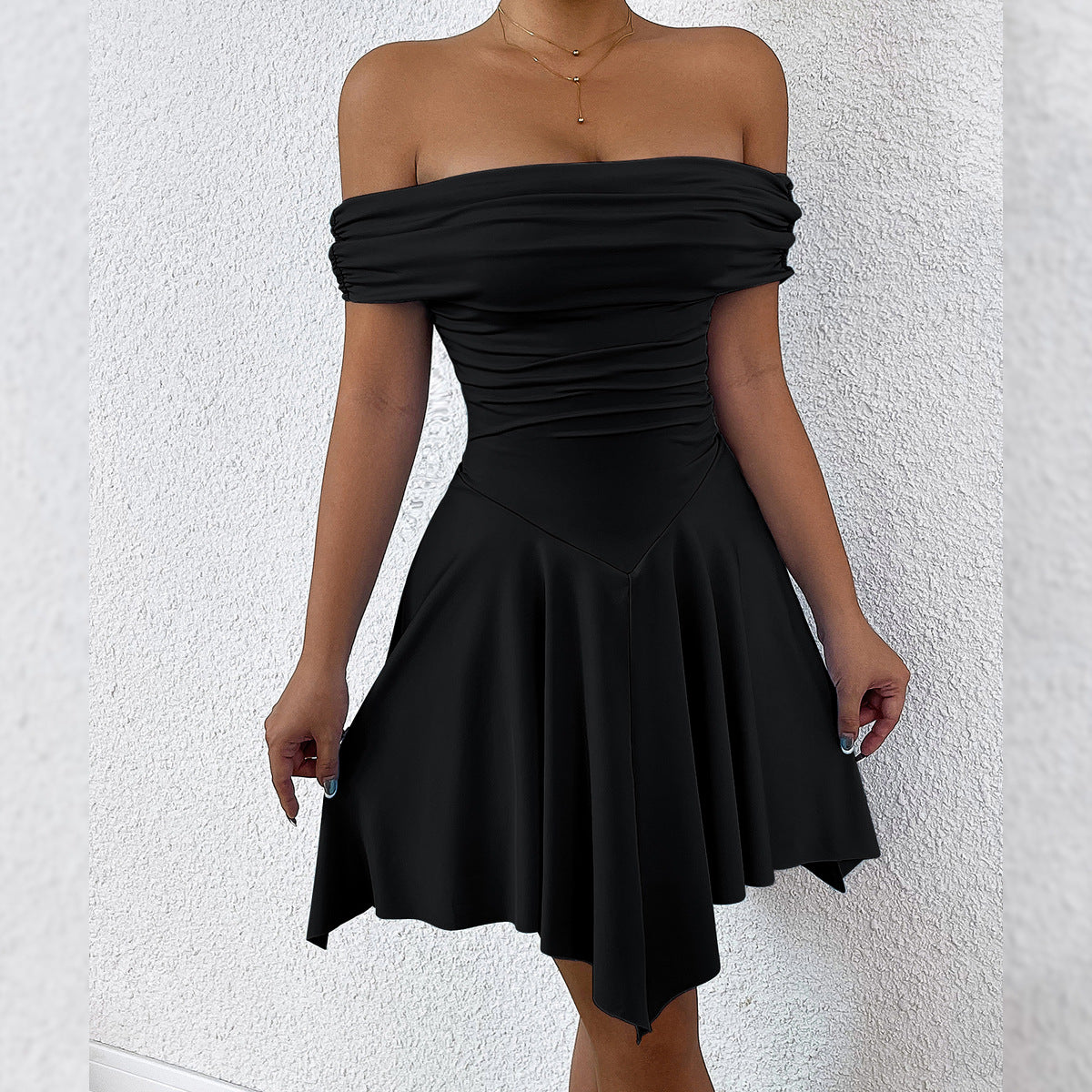 Women Fashion Solid Color Shoulder Irregular Dress in Gourmet Milk Silk