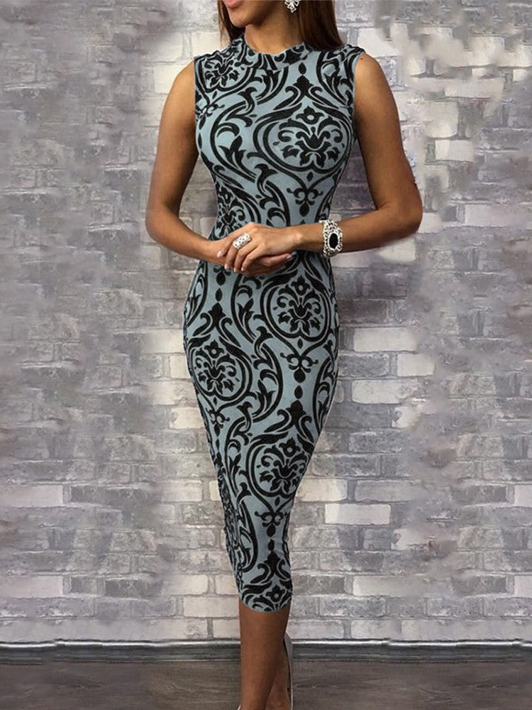 Women Fashion Sexy Printed Sleeveless Tight Dress