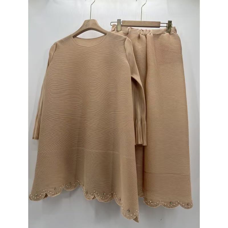African Women Pleated Solid Color Beaded Casual Set
