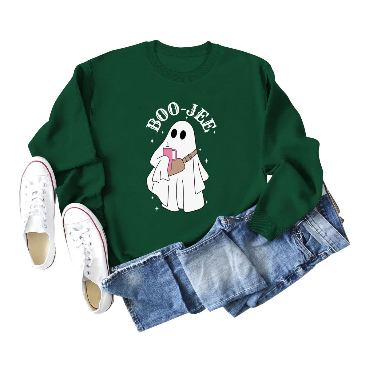 Sweat-shirt ras du cou imprimé fantôme de dessin animé pour femme Halloween