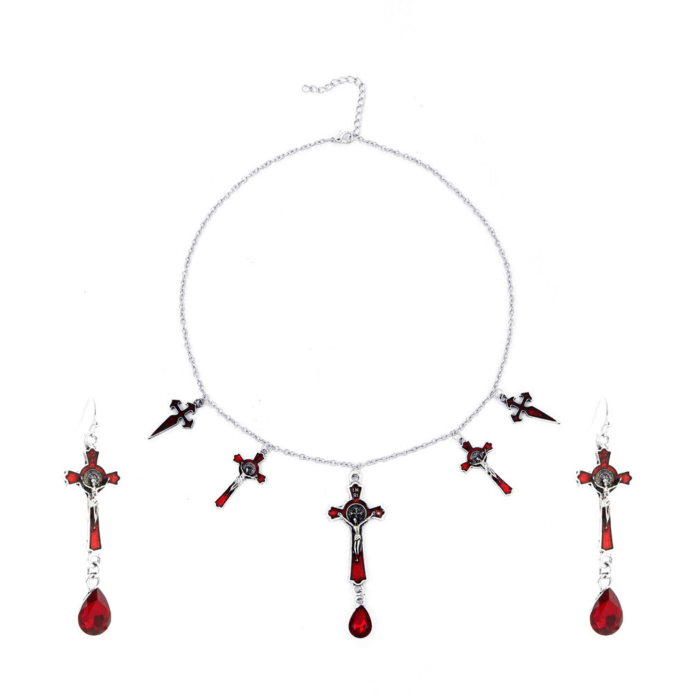 Conjunto de joyas de cruz de murciélago gótica oscura para mujer de Halloween