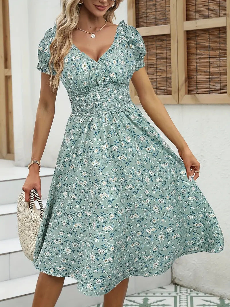 Elegant Floral Printed V-Neck Puff Sleeve Dress