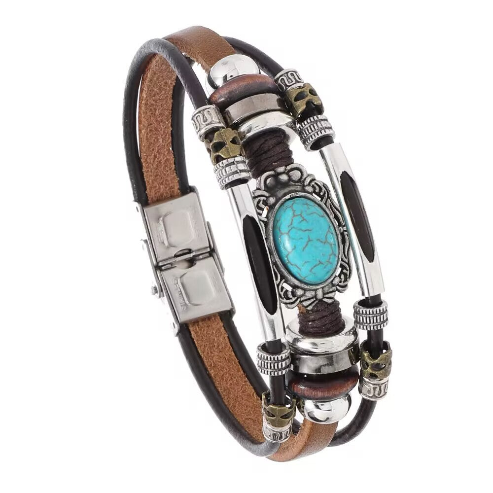 Pulsera de cuero turquesa retro bohemia para hombre
