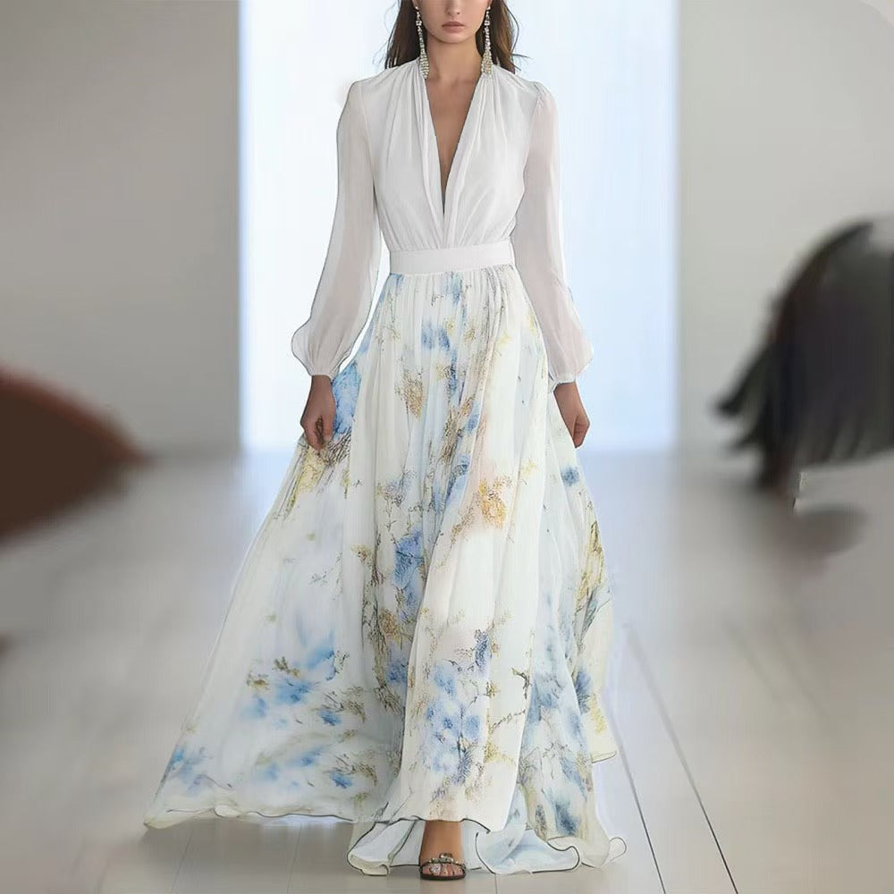 Women Fashion Elegant Printed V-Neck Long Sleeve Dress in Polyester