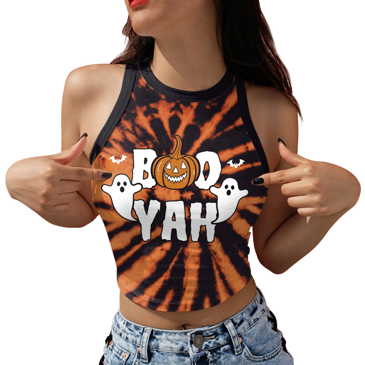 Halloween Pumpkin Skull Print Crop Top for Women