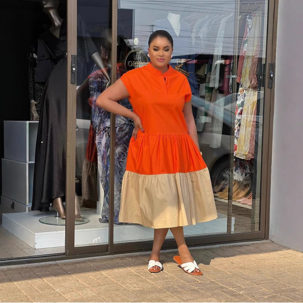 Women Fashion Casual Color Block Pleated Dress