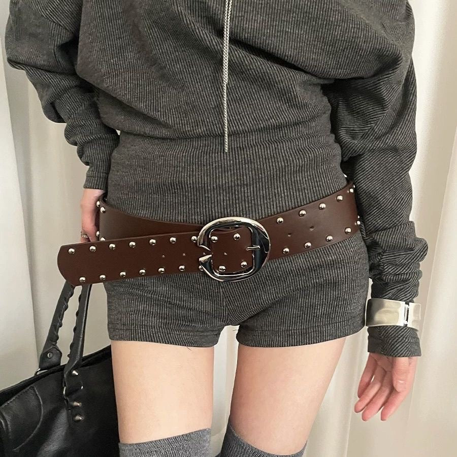 Ceinture à rivets en cuir PU pour femme, couleur unie, style décontracté