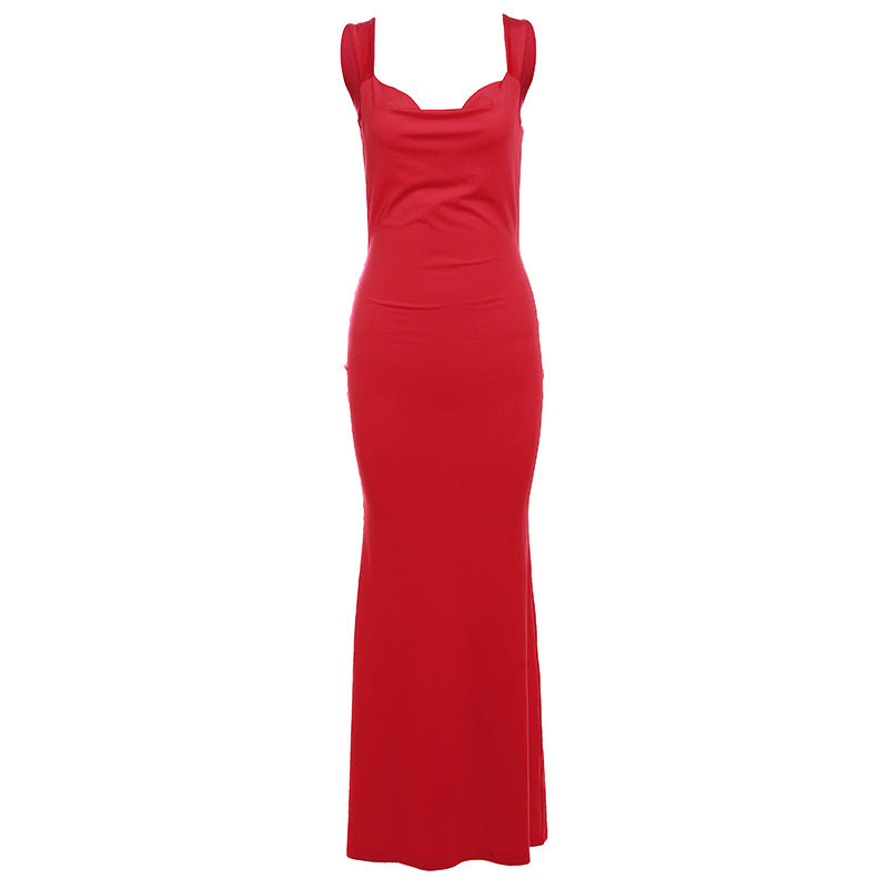 Women Sleeveless Backless Slim-Fit Dress Solid Color Party Evening