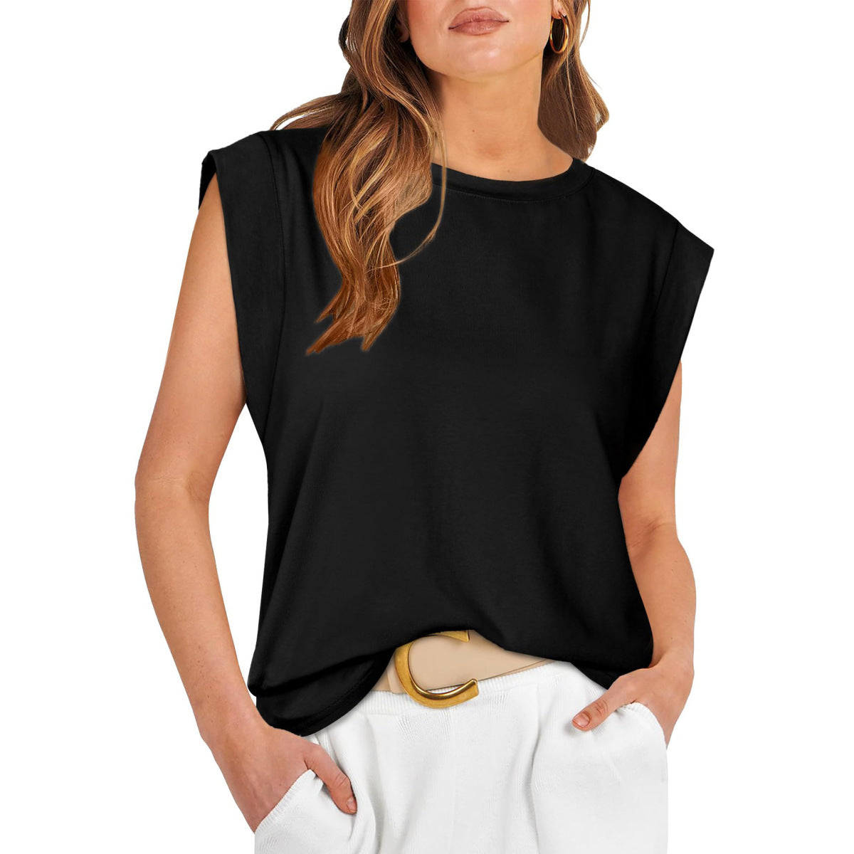 Camiseta holgada informal de verano para mujer, color liso, cuello redondo