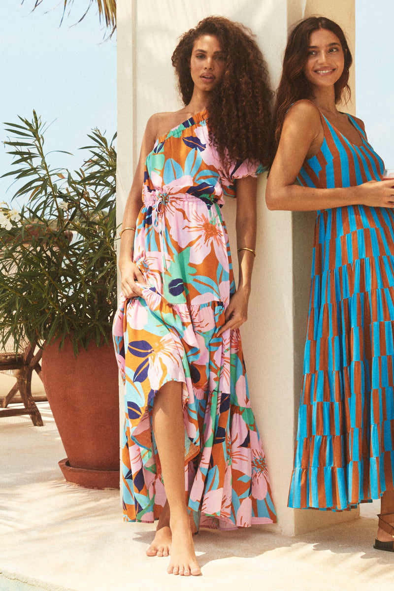Women's Slant Shoulder Boho Tiny Flower Casual Maxi Dress