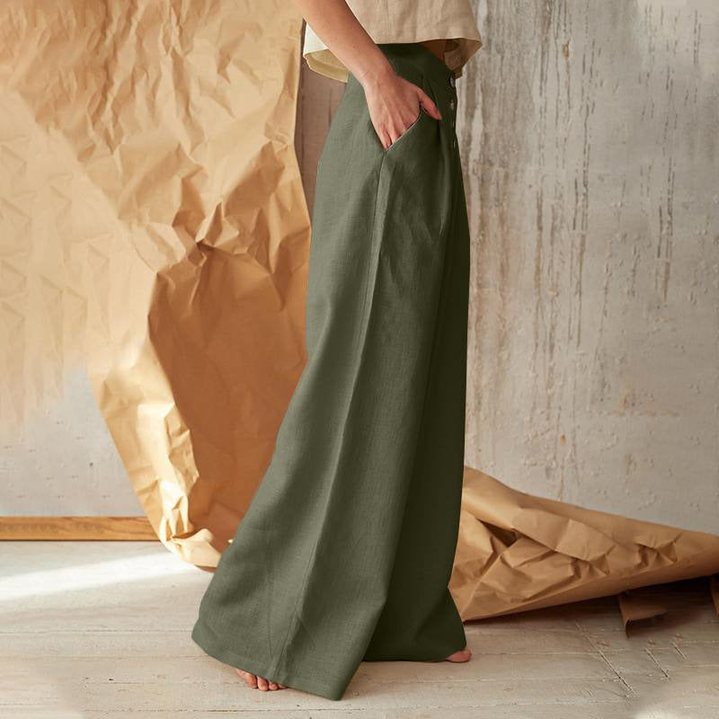 Pantalon large taille haute décontracté de couleur unie pour femme