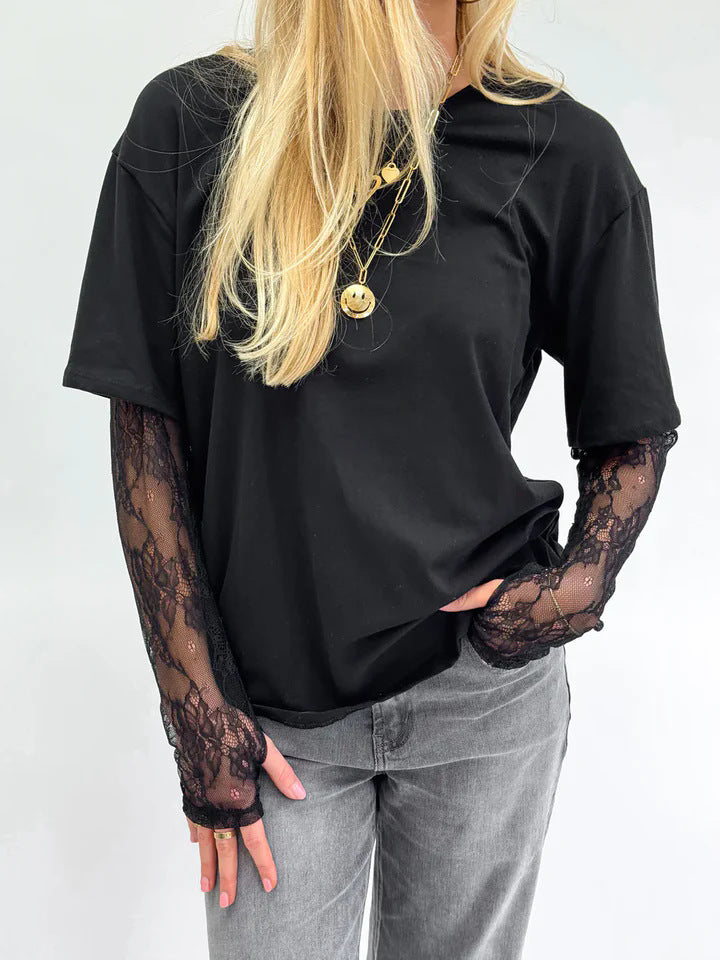 Camiseta informal de algodón con costuras de encaje de verano