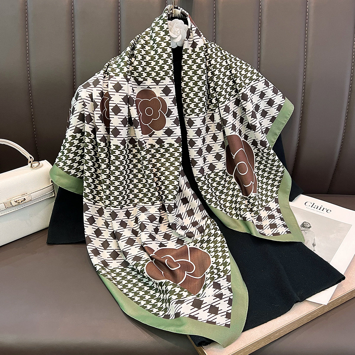 Women Fashion Houndstooth Silk Scarf Geometric Large Square Accessory
