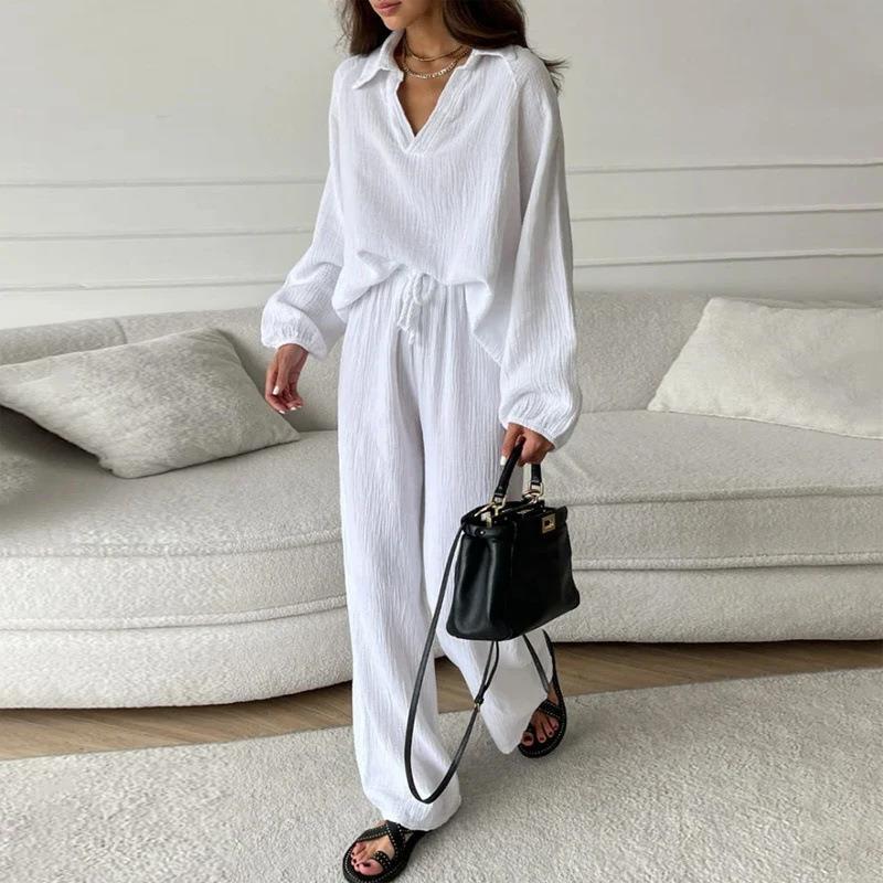 Ensemble deux pièces à col en V et couleur unie pour femme