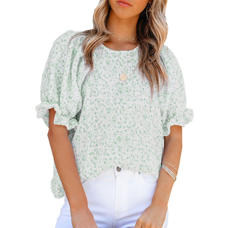 Blusa de cuello redondo con estampado floral de gasa para mujer