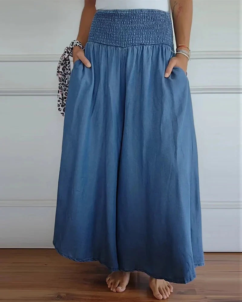 Pantalones casuales de cintura alta y pierna ancha para mujer, poliéster