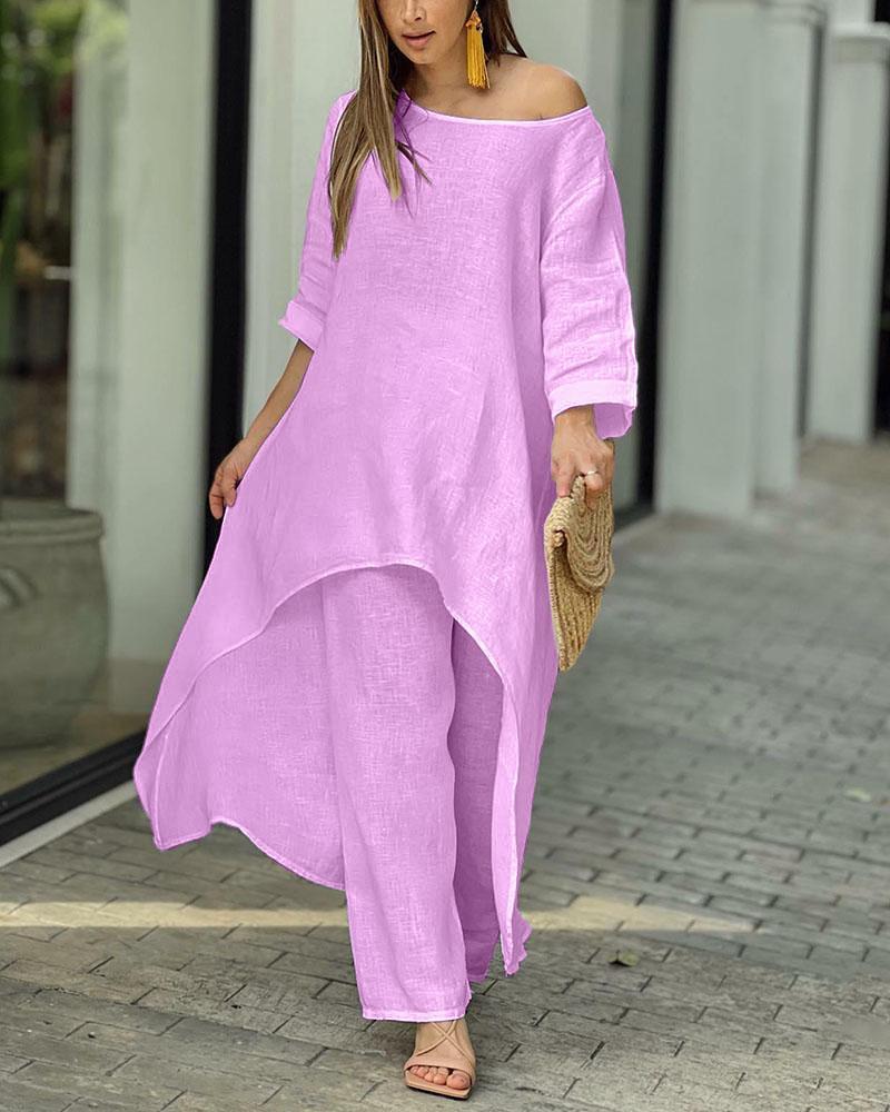 Women Fashion Casual Solid Color Cotton Linen Set