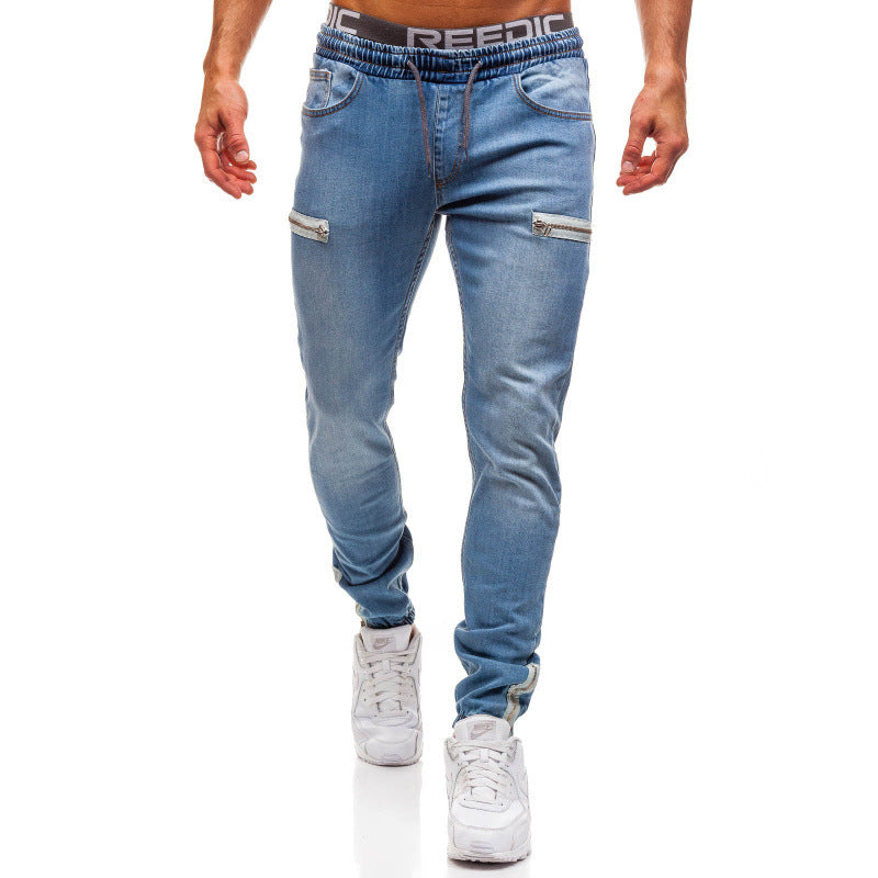 Pantalones casuales de mezclilla esmerilada con cremallera y cordón para hombre