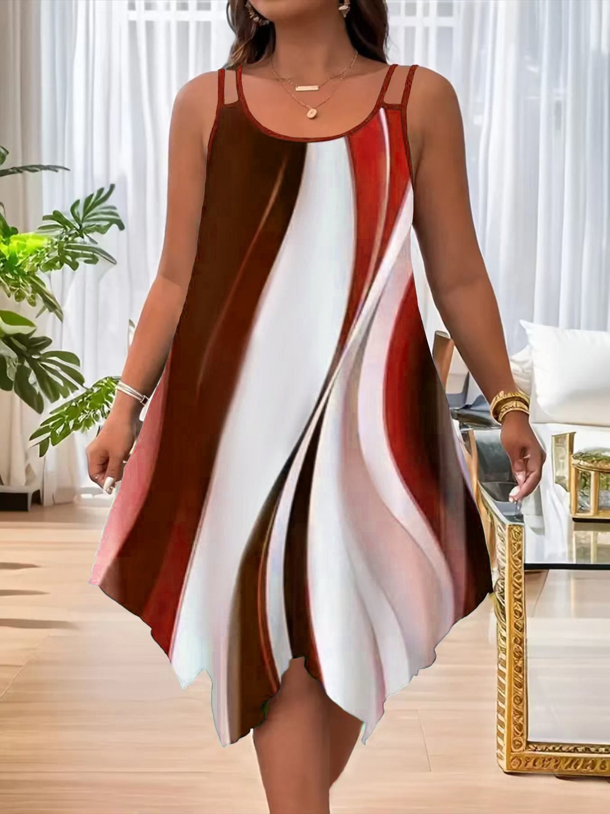Vestido informal de talla grande con cuello redondo, sin mangas y dobladillo asimétrico para mujer