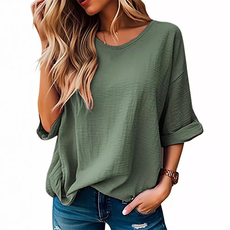 T-shirt décontracté à manches courtes en coton et lin pour femme, couleur unie