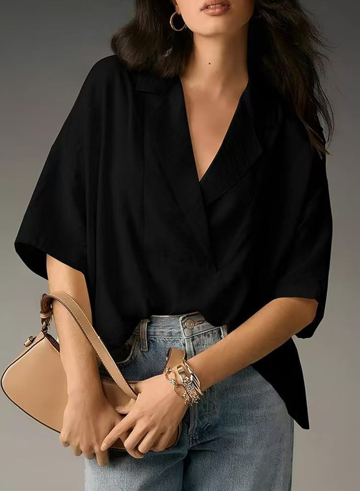 Blusa informal holgada de manga corta con solapa de color liso para mujer en poliéster