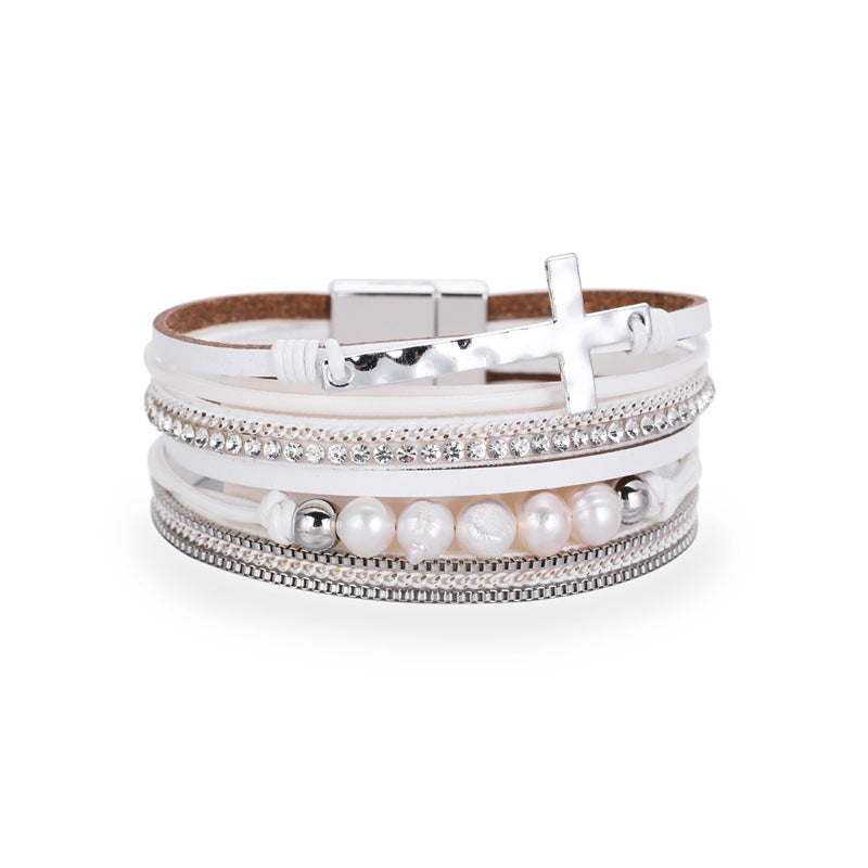 Bohemian PU Multi-Layer Wide-Brimmed Cross Bracelet