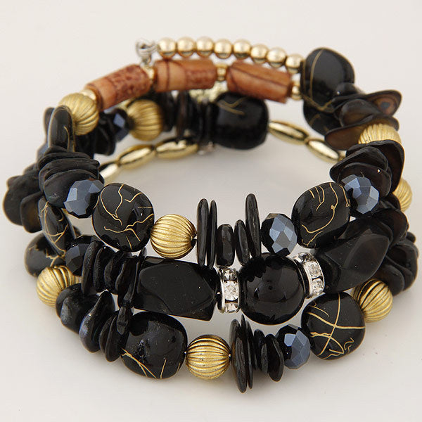 Women Fashion Boho Handmade Wooden Beaded Shell Gravel Crystal Multilayer Bracelet
