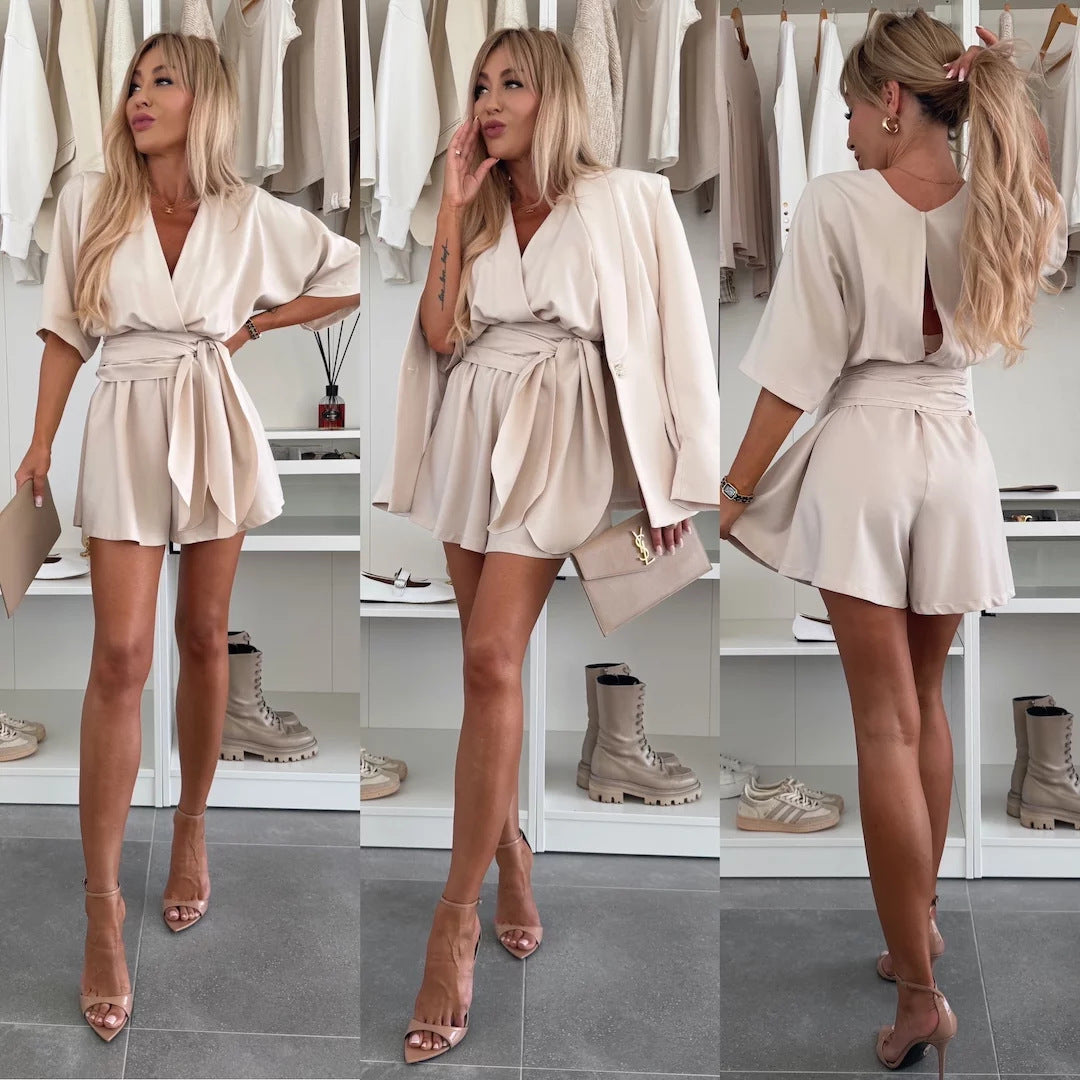 Women Fashion Elegant Solid Color V-Neck Shorts Skirt