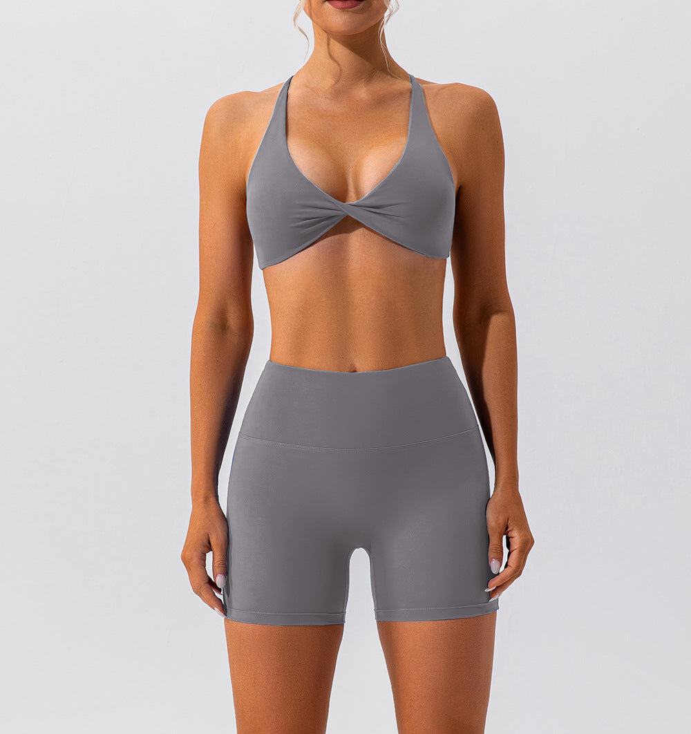 Women Fashion Solid Color Halter-Neck Crop Top Set