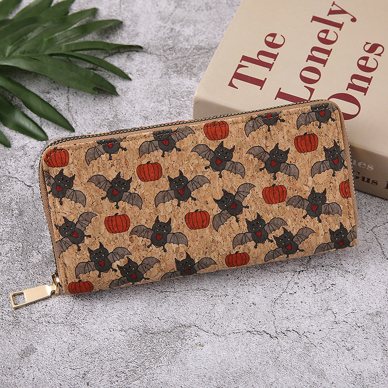 Monederos con cremallera multicapa con estampado de calabaza y murciélago de Halloween para mujer