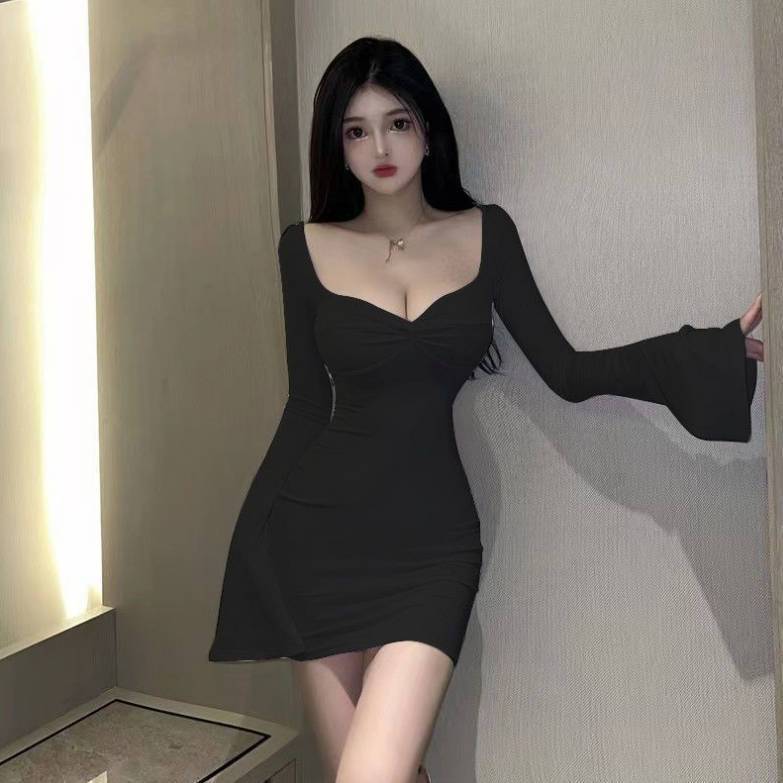 Women Fashion Sexy Solid Color Long Sleeve Dress