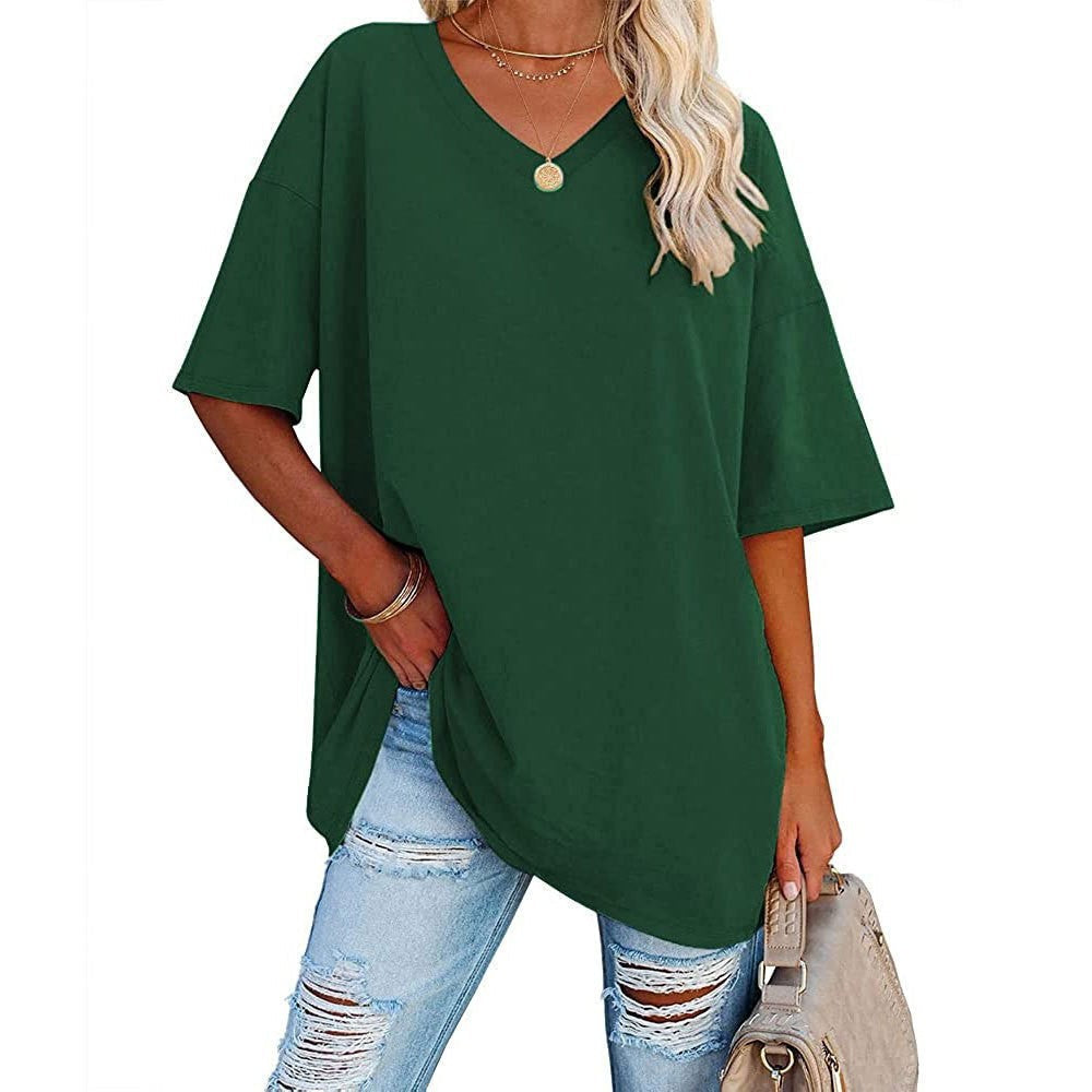 Camiseta informal holgada de manga corta con cuello en V para mujer, color liso