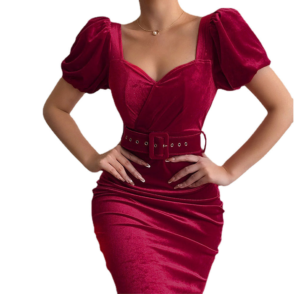 Robe mi-longue élégante en velours de couleur unie pour femme
