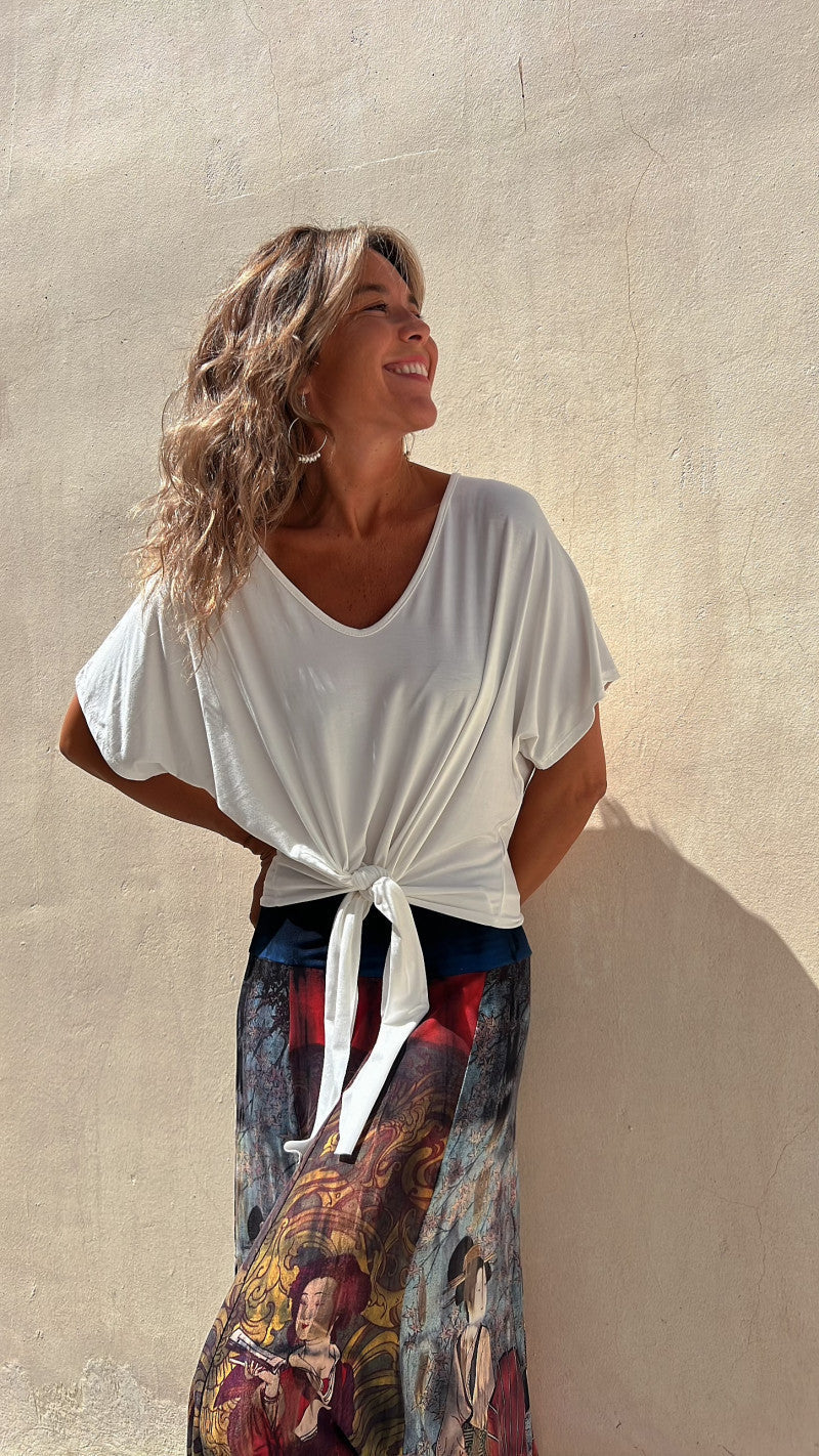 Women Fashion Casual Solid Color Irregular Knotted Hem V Neck Blank T-Shirt