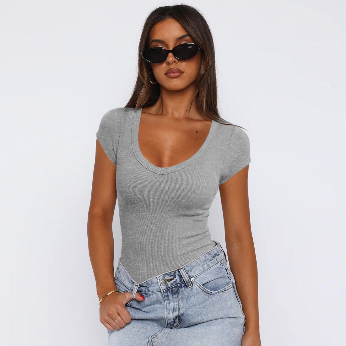 Camiseta de manga corta con hilo simple para mujer