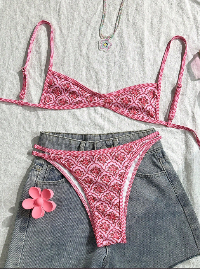Women Fashion Sexy Printed Lace-Up Bikini Swimsuit