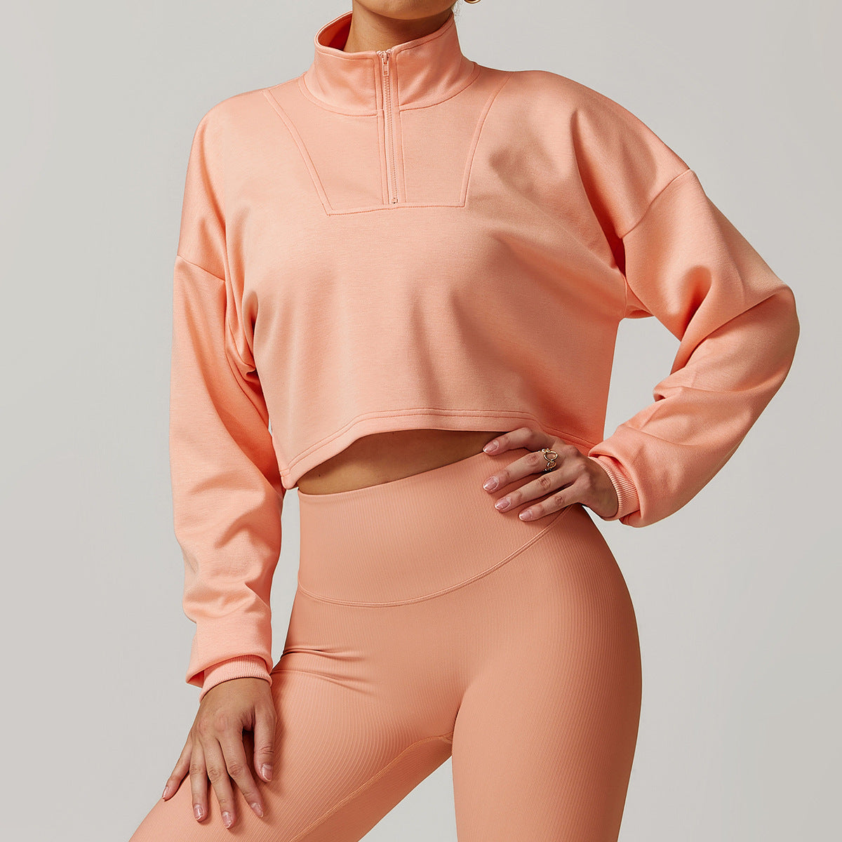 Sweat-shirt décontracté à col montant et couleur unie pour femme