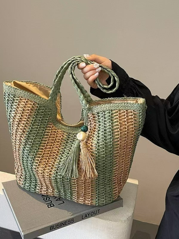 Women Fashion Stripe Straw Woven Beach Tote Bag