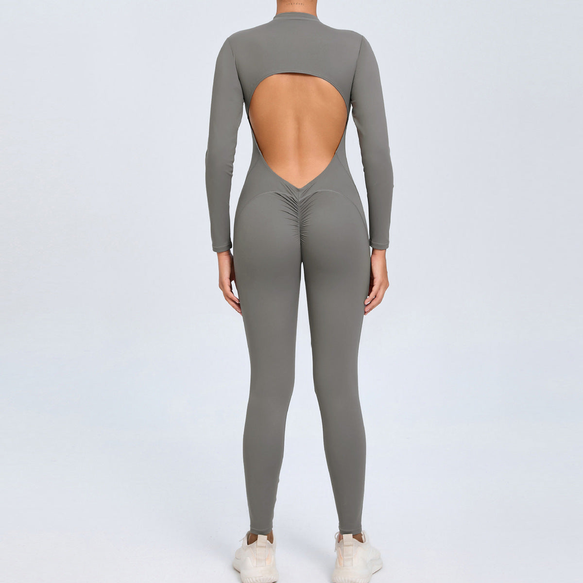 Women Fashion Solid Color Zipper Long-Sleeve Yoga Jumpsuit
