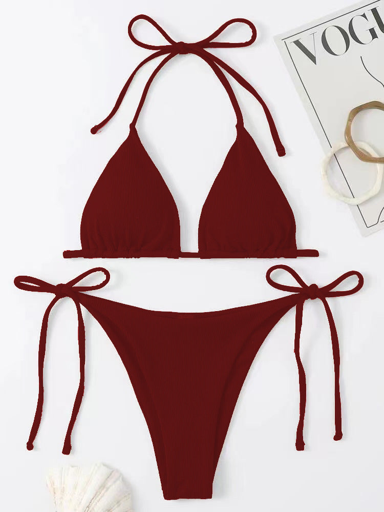 Conjunto de bikini sexy con tirantes finos de color liso para mujer de verano